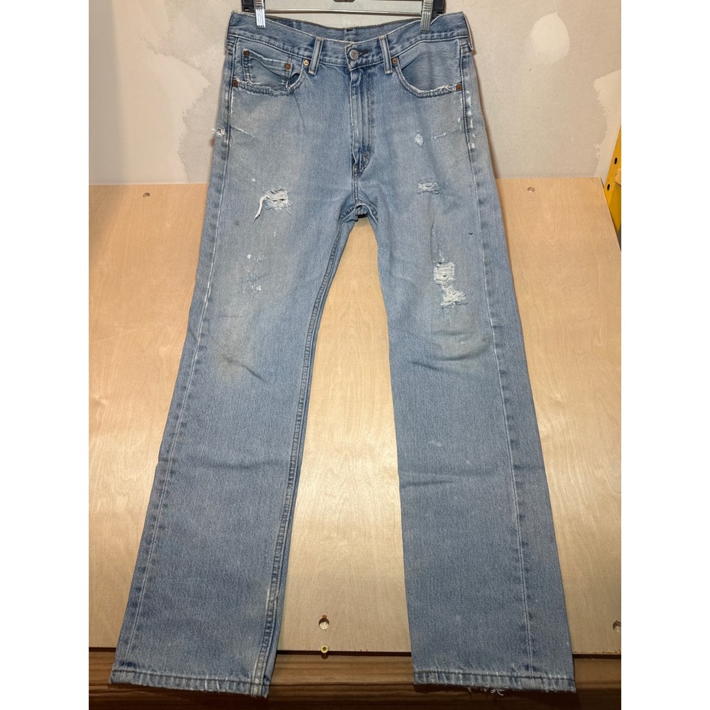 Levis 505 Regular Fit Jeans Mens 33x34 Light Wash Distressed Straight Leg 00505